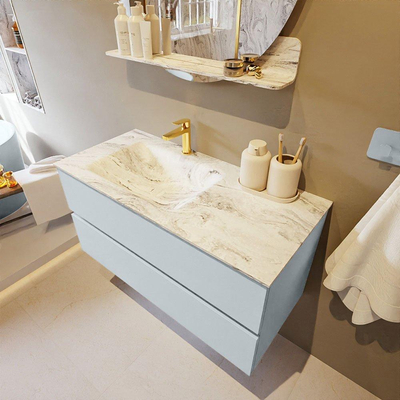 Mondiaz VICA-DLUX Ensemble de meuble de salle de bain - 100cm - meuble sous-vasque argile - 2 tiroirs - lavabo encastré nuage gauche - 1 trou de robinet - version haute de 60cm - glace