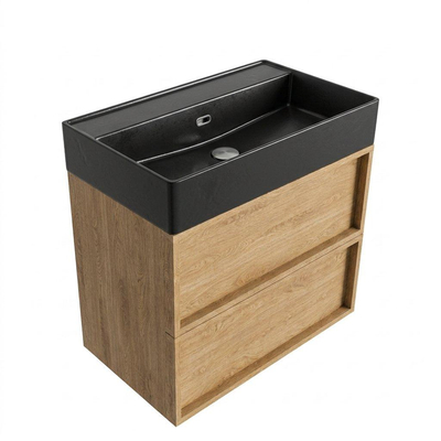 Saniclass Holz Frame Ensemble meuble de salle de bains - 80x45x72cm - Legend lavabo en céramique noir mat - 1 vasque - sans trou de robinetterie - 2 tiroirs - chêne natural mat (bois)