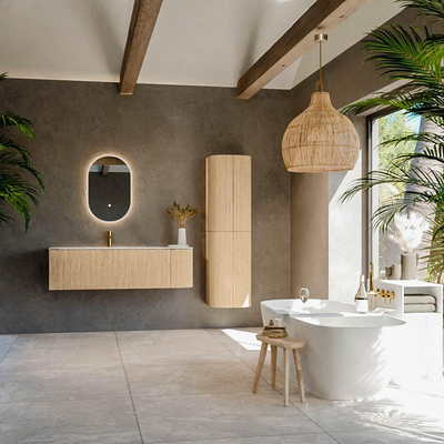 MONDIAZ KURVE-DLUX 145cm meuble de salle de bains avec module 25 R couleur chêne avec 1 tiroir et 1 porte. Vasque BIG LARGE gauche 1 trou de robinet couleur Glace.