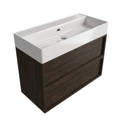 Saniclass Holz Frame Ensemble de meuble de salle de bains - 100x45x72cm - Legend lavabo en céramique blanc - 1 vasque - sans trou de robinet - 2 tiroirs - chêne charcoal mat (bois)