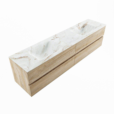 MONDIAZ VICA-DLUX Ensemble meuble de salle de bains - 200cm - meuble bas chêne lavé - 4 tiroirs - vasque encastrée cloud double - 2 trous de robinet - version haute 60cm - frape