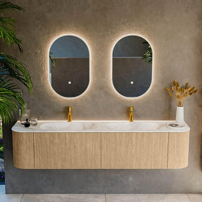 MONDIAZ KURVE-DLUX 190cm Meuble salle de bain avec module 25 G et D - couleur Oak - 2 tiroirs - 2 portes - vasque STOR SMALL double - 2 trous de robinet - couleur Frappe