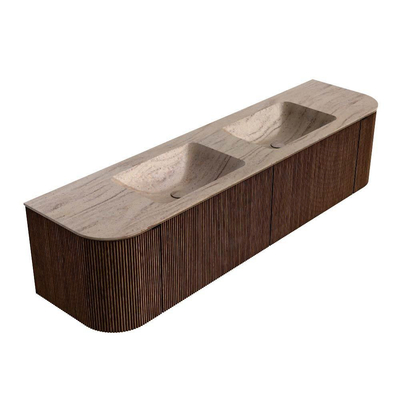 MONDIAZ KURVE-DLUX Meuble de salle de bains 180cm arrondi Gauche + Droite couleur Walnut avec 2 tiroirs et 2 portes. Lavabo LEAF Double sans trou de robinet Saba.