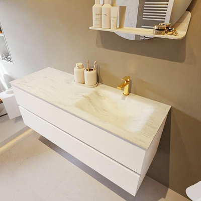 MONDIAZ VICA-DLUX Ensemble meuble de salle de bains - 130cm - meuble sous-vasque talc - 2 tiroirs - lavabo encastré cloud à droite - 1 trou de robinet - version haute 60cm - opalo