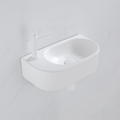 QeramiQ Fuente Ensemble lave-mains - 40x21.5x12cm - gauche - lisse - demi-rond - 1 trou de robinet - céramique - robinet de lave-mains blanc mat - clapet de vidage - siphon abaissé - blanc mat