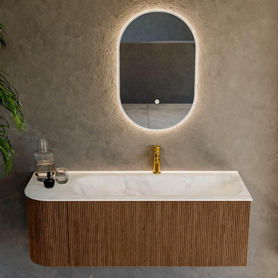 MONDIAZ KURVE-DLUX 125cm Meuble salle de bain avec module 25 G - couleur Walnut - 1 tiroir - 1 porte - vasque BIG MEDIUM droite - 1 trou de robinet - couleur Ostra