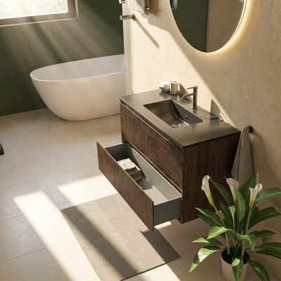 Saniclass Holz Atelier Ensemble de meubles de salle de bains - 100x45x62cm - Lavabo en céramique Vygo noir - 1 vasque - 1 trou de robinetterie - 2 tiroirs - chêne charcoal mat (bois)