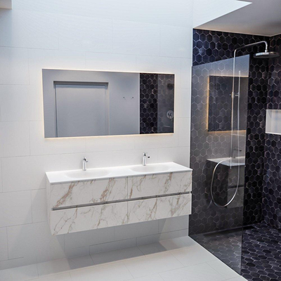 MONDIAZ VICA Ensemble de meuble salle de bain - 150cm - 4 tiroirs - lavabo Moon double - 2 trous de robinet - solid surface marbre carrara