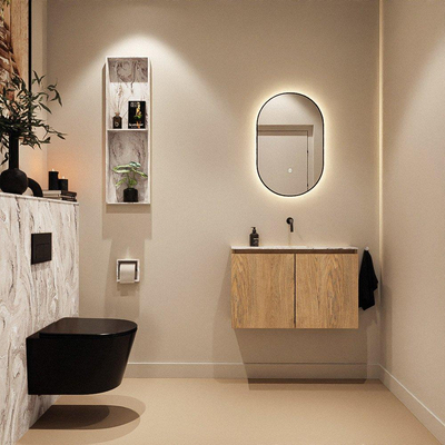 MONDIAZ TURE-DLUX Meuble toilette - 80cm - Washed Oak - EDEN - vasque Glace - position centrale - sans trou de robinet