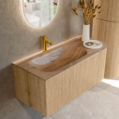 MONDIAZ KURVE-DLUX 105cm badmeubel ronding Rechts kleur Oak met 1 lade en 1 deur. Wastafel BIG SMALL Links 1 kraangat Arena.