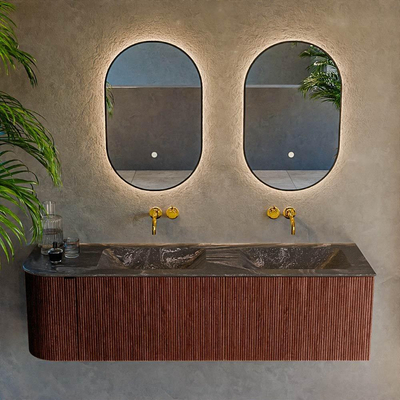 Mondiaz KURVE-DLUX Badkamermeubelset - 155x46x40cm - 2 lade - 1 deur - wastafel solid surface - dubbel / rechts - zonder kraangat - Ruby