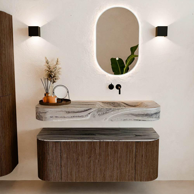 MONDIAZ THOR-DLUX 120cm badmeubel ronding links + rechts kleur Walnut met 1 lade en 2 deuren. Vrijhangende wastafel CLOUD Rechts zonder kraangat kleur Sombra.