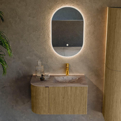 MONDIAZ KURVE-DLUX 75cm badmeubel ronding Links kleur Dusk met 1 lade en 1 deur. Wastafel GRUNNE Rechts 1 kraangat Oza.