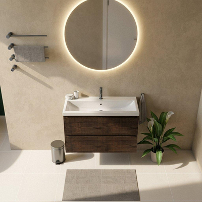 Saniclass Holz Atelier Ensemble meuble de salle de bains - 100x45x63.5cm - Bari lavabo en céramique blanc - 1 vasque - 1 trou de robinet - 2 tiroirs - chêne charcoal mat (bois)