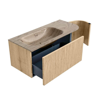 MONDIAZ KURVE-DLUX Meuble de salle de bains 105cm arrondi à droite couleur Chêne avec 1 tiroir et 1 porte. Lavabo BIG SMALL à gauche 1 trou de robinet Arena.