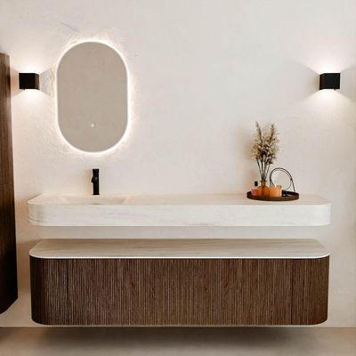 MONDIAZ THOR-DLUX 180cm meuble de salle de bains arrondi gauche + droite couleur Walnut avec 2 tiroirs et 2 portes. Vasque suspendue CLOUD Gauche 1 trou de robinet couleur Meli.