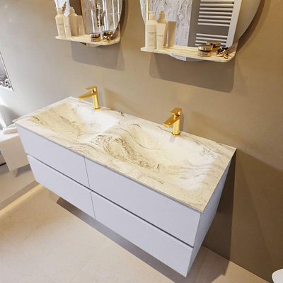 Mondiaz VICA-DLUX Ensemble de meuble de salle de bain - 120cm - meuble sous-vasque cale - 4 tiroirs - lavabo encastrée cloud double - 2 trous de robinet - version haute de 60cm - glace