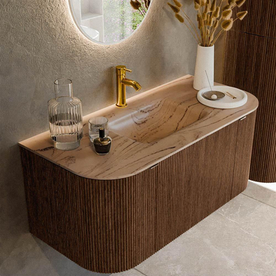 MONDIAZ KURVE-DLUX 100cm badmeubel ronding Links + Rechts kleur Walnut met 1 lade en 2 deuren. Wastafel GRUNNE Midden 1 kraangat Arena.