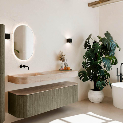 MONDIAZ THOR-DLUX 160cm meuble de salle de bains arrondi gauche + droite couleur Shadow avec 1 tiroir et 2 portes. Vasque suspendue CLOUD Gauche sans trou de robinet couleur Saba.