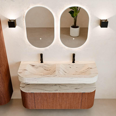 MONDIAZ THOR-DLUX 130cm meuble de salle de bains arrondi gauche + droite couleur Ruby avec 1 tiroir et 2 portes. Vasque suspendue CLOUD Double 2 trous de robinet couleur Nata.