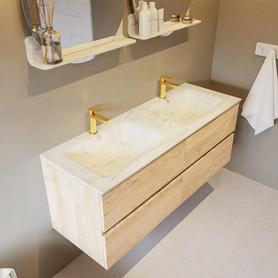 Mondiaz VICA-DLUX ensemble de meuble de salle de bain - 130cm - meuble sous-vasque chêne blanchi - 4 tiroirs - lavabo encastré cloud double - 2 trous de robinet - version haute de 60cm - opalo