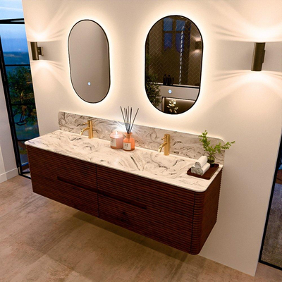 Mondiaz CIRO-DLUX Meuble de salle de bains - 170x45x50cm - Plan vasque solid surface Glace - 2 vasques Double - 2 trous de robinetterie - 4 tiroirs - Ruby