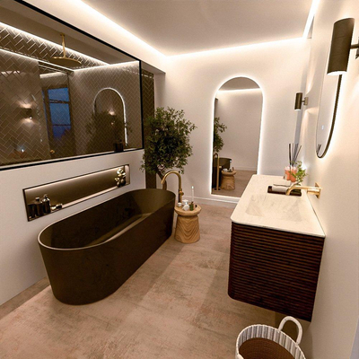 Mondiaz CIRO-DLUX Ensemble meuble de salle de bains - 140x45x50cm - Vasque en solid surface Opalo - 1 lavabo à droite - sans trous de robinet - 4 tiroirs - Noyer