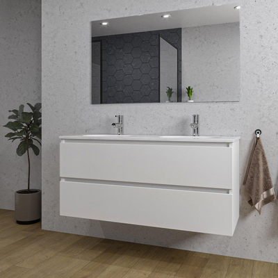 Saniclass Chaci Meuble de salle de bain - 120x46x55cm - lavabo en céramique blanc - 2 vasques ovales - 2 trous de robinet - 2 tiroirs - miroir rectangulaire - blanc mat