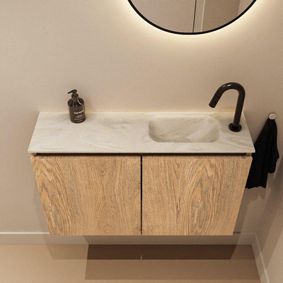 MONDIAZ TURE-DLUX Meuble toilette - 80cm - Washed Oak - EDEN - vasque Ostra - position droite - 1 trou de robinet