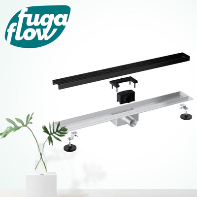 FugaFlow Eccelente Vetro Caniveau de douche 110cm avec caillebotis et bride de sol noir mat