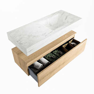 Mondiaz ALAN-DLUX Ensemble de meuble - 110cm - meuble Washed Oak mat - 1 tiroir - Lavabo Cloud Opalo suspendu - vasque Droite - 0 trous de robinet