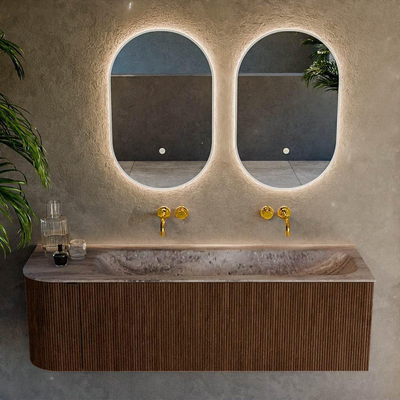 MONDIAZ KURVE-DLUX Meuble de salle de bains 145cm arrondi à gauche couleur Walnut avec 1 tiroir et 1 porte. Lavabo BIG LARGE à droite sans trou de robinet Oza.