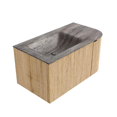 MONDIAZ KURVE-DLUX Meuble de salle de bains 85cm arrondi à droite couleur chêne avec 1 tiroir et 1 porte. Lavabo CLOUD gauche 1 trou de robinet Oza.