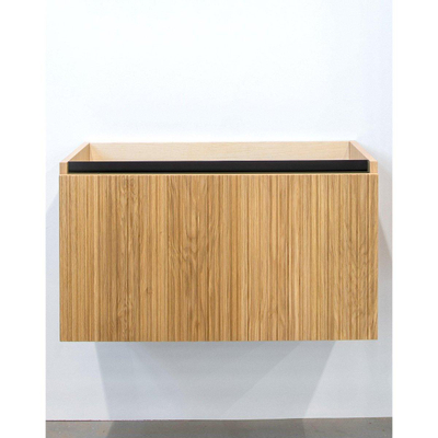 Adema Holz Ensemble de meuble - 120cm - 2 vasques en céramique Noir - sans trous de robinet - 1 tiroir - avec armoire de toilette - Caramel (bois)