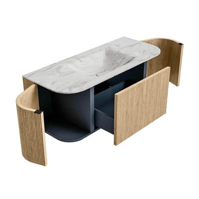 MONDIAZ KURVE-DLUX 110cm badmeubel met module 25 Len R kleur Oak met 1 lade en 2 deuren. Wastafel CLOUD midden 1 kraangat kleur Glace.