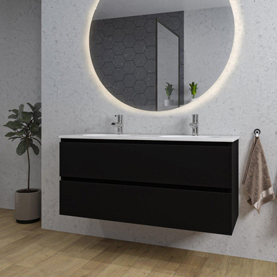 Saniclass Chaci Ensemble meuble de salle de bains - 120x46x55cm - lavabo céramique blanc - 2 vasques ovales - 2 trous de robinet - 2 tiroirs - miroir rond avec éclairage - noir mat