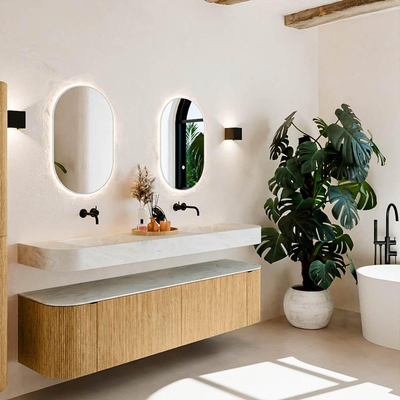 MONDIAZ THOR-DLUX 180cm meuble de salle de bains arrondi gauche + droite couleur Chêne avec 2 tiroirs et 2 portes. Vasque suspendue CLOUD Double sans trou de robinet couleur Opalo.