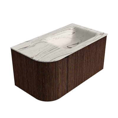 MONDIAZ KURVE-DLUX Meuble de salle de bains 85cm arrondi à gauche couleur Walnut avec 1 tiroir et 1 porte. Lavabo CLOUD à droite sans trou de robinet Nata.