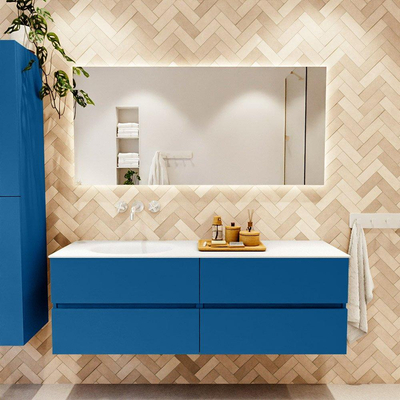 Mondiaz VICA ensemble de meuble de salle de bain - 150cm - meuble sous-vasque jeans - 4 tiroirs - lavabo moon gauche - sans trous de robinet - couleur talc - miroir LED - version XL 60cm de haut