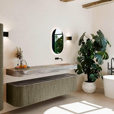 MONDIAZ THOR-DLUX 190cm meuble de salle de bains arrondi gauche + droite couleur Shadow avec 2 tiroirs et 2 portes. Vasque suspendue CLOUD Droite sans trou de robinet couleur Sombra.