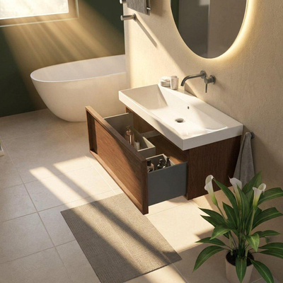 Saniclass Holz Frame Ensemble de meubles de salle de bains - 100x45x47.5cm - lavabo Wave en céramique - 1 vasque - sans trou de robinet - 1 tiroir - walnut pure mat (bois)