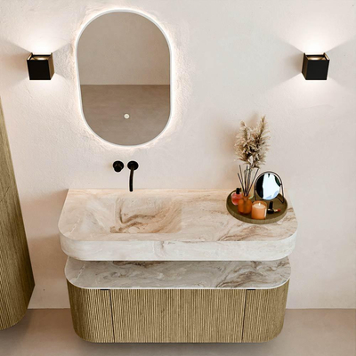 MONDIAZ THOR-DLUX 120cm badmeubel ronding links + rechts kleur Dusk met 1 lade en 2 deuren. Vrijhangende wastafel CLOUD Links zonder kraangat kleur Frappe.