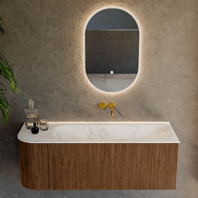 MONDIAZ KURVE-DLUX 125cm Meuble salle de bain avec module 25 G - couleur Walnut - 1 tiroir - 1 porte - vasque BIG MEDIUM droite - sans trou de robinet - couleur Ostra