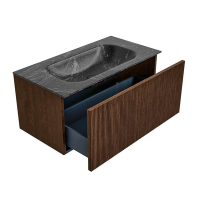 MONDIAZ KURVE-DLUX Meuble de salle de bains 90 cm couleur Walnut avec 1 tiroir. Lavabo BIG SMALL central sans trou de robinetterie couleur Lava.