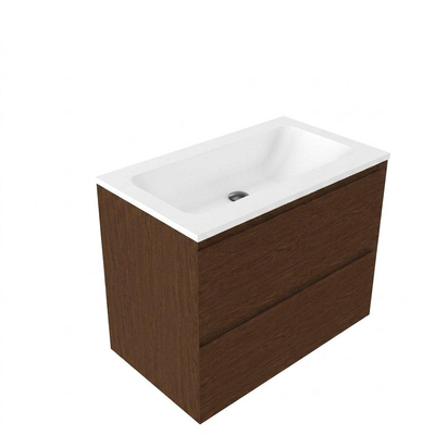 Saniclass Holz Pure Ensemble de meubles de salle de bains - 80x45x77.5cm - lavabo Torino en solid surface blanc - sans trou de robinet - 2 tiroirs - walnut pure mat (bois)