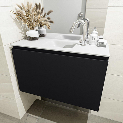 MONDIAZ OLAN Kit lave-mains - 80x30x40cm - 1 trou de robinet - 1 tiroir - mat urbain - lavabo centré - Solid Surface Blanc