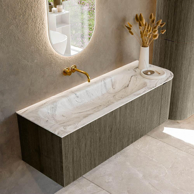 Mondiaz KURVE-DLUX Ensemble de meuble de salle de bains - 135x46x40cm - 1 tiroir - 1 porte - lavabo solid surface - gauche - sans trou de robinet - Shadow