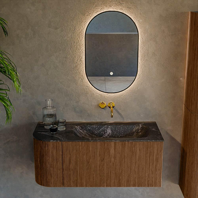 MONDIAZ KURVE-DLUX 105cm Meuble salle de bain avec module 25 G - couleur Walnut - 1 tiroir - 1 porte - vasque BIG SMALL droite - sans trou de robinet - couleur Lava