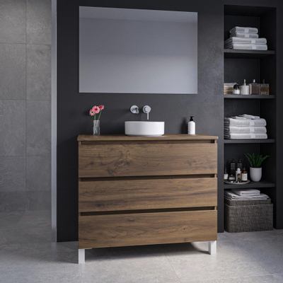 Saniclass Chaci PLUS Meuble de salle de bain - 100x86x46cm - vasque - plan de toilette - 3 tiroirs - miroir rectangulaire - noyer (hout)