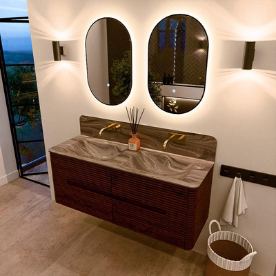 Mondiaz CIRO-DLUX Meuble de salle de bains - 130x45x50cm - Plan vasque solid surface Sombra - 2 vasques Double - sans perçages pour robinet - 4 tiroirs - Ruby